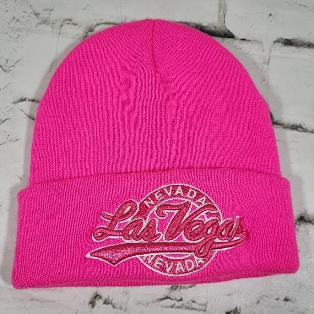 Las Vegas Nevada Beanie Hat‎ Womens Pink High Vis Stretch Warm Winter Ski Cap